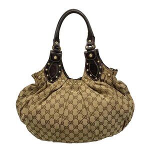 GUCCI GG 203624 Dark Brown Beige Jacquard Leather Tote Bag
